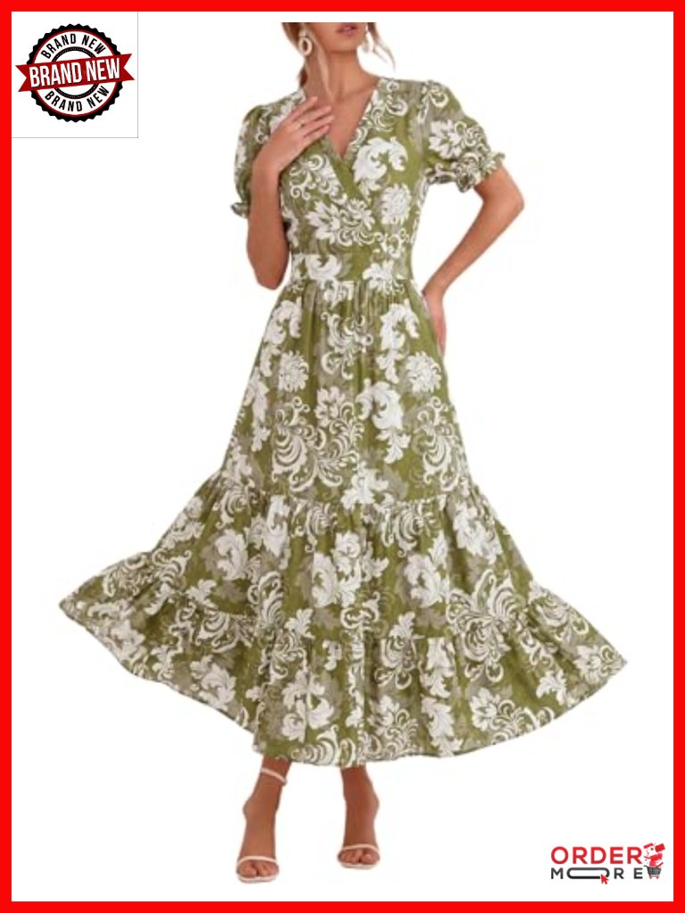 V Neck Puff Sleeve Maxi Dress With Pockets Flowy Summer
